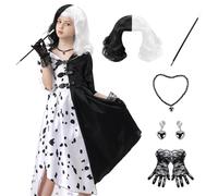 IEEILULU Deguisement Dalmatien Enfant, Costume Halloween Cruella, Cruella Deville Cosplay Costume, Dalmatiens Robe à Pois pour Halloween Carnaval Mardi Gras Cosplay (Style Cape 130)
