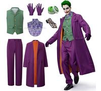 IEEILULU Deguisement Joker Hommes, Costume Clown Tueur Horreur Halloween Killer Joker Hommes avec Manteau Violet, Gilet Vert, Pantalon, Cravate, Faux Col de Chemise et Gants pour Halloween (2XL)