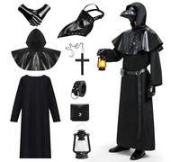 IEEILULU Deguisement Medecin de la Peste, Costume du Médecin de Peste, Plague Doctor Costume avec Masque Noir, Sac Banane en Vuir et Lanterne à Main, Deguisement Médiéval Steampunk pour Homme (L)