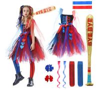 IEEILULU Halloween Quinn Déguisement Fille, Costume Harley Cosplay pour Femmes, Déguisement Cosplay Ensemble avec Robes Perruques Batte Bas pour Enfant Carnaval Fete Cosplay (XXL)