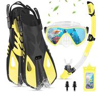 IEEILULU Masque Plongée Anti Buée et Tuba Sec, Kit de Plongée Adulte 7 Pièces avec Palmes Réglables, Pochette Étanche, Bouchons d'oreille, Kits de Randonnée Aquatique pour Homme Femme (Jaune, L/XL)
