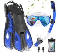 IEEILULU Masque Plongée Anti Buée et Tuba Sec, Kit de Plongée Adulte 7 Pièces avec Palmes Réglables, Pochette Étanche, Bouchons d'oreille, Kits de Randonnée Aquatique pour Homme Femme (Bleu, L/XL)