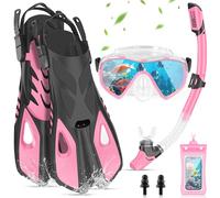 IEEILULU Masque Plongée Anti Buée et Tuba Sec, Kit de Plongée Adulte 7 Pièces avec Palmes Réglables, Pochette Étanche, Bouchons d'oreille, Kits de Randonnée Aquatique pour Homme Femme (Rose, S/M)