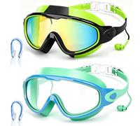 IEEILULU Masque Plongée Enfant avec Bouchons D'oreilles Anti-Eau Intégrés Et Pince-Nez Offert, Deux Types de Verres Au Choix, Anti-Buée Et Anti-UV, Vision panoramique HD 180°, Facile à Enfiler Vert