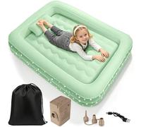 IEEILULU Matelas Gonflable Enfant, Lit Gonflable Enfant avec Rebord, Pompe Électrique, Oreiller, Lit de Voyage Floqué Gonflage Rapide pour Voyages Camping ou la Maison (Vert)