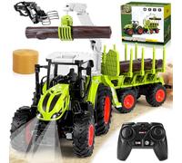 IEEILULU RC Tracteur Telecommandé Enfant, Tracteur Telecommande à Partir de 3 4 Ans, Jouet Ferme Tracteurs avec Remorque, Grappin à Bois, Chargeur Frontal, Botte de foinet et 4 Troncs d'arbre, Cadeau