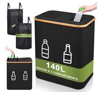 IEEILULU Système de séparation des déchets pour verre, plastique, papier, panier à linge sale avec couvercle, 140 l, grand panier à linge pliable avec 2 compartiments (Noir)