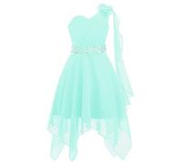 IEFIEL Asymétrique Robe Demoiselle d'honneur Enfant Fille Fleur Robe de Cérémonie Soirée Strass Une Epaule Robes de Baptême Fête Mariage Taille Haute Vert Menthe 9-10 Ans