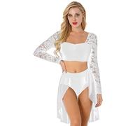 IEFIEL Asymétrique Tenue Patinage Artistique Femme Ensemble Justaucorps Danse Latine Rumba Salsa Valse Robe Jazz Danse Classique Performance Dancewear Blanc S