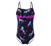 IEFIEL Enfant Fille Maillot de Bain Princesse 1 Pièce Tutu Justaucorps Danse Ballet à Bretelles Réglable Ecailles de Poisson Sirène Imprimé Cheval Noir 13-14 Ans