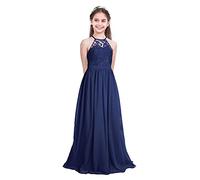 IEFIEL Enfant Filles Robe De Mariage Princesse Dentelle Longue Robe De Soirée Cocktail sans Manches Robes Bustier Baptême Demoiselle Honneur Fête Bleu Marine 15-16 Ans