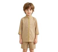IEFIEL Enfants Kaftan Musulman Arabe Pour Un Garçon Robe Musulmane Pour Garçons Ensemble Fille Été Tenue Arabe Vêtements Islamiques Garçons Kaki 12-13 ans