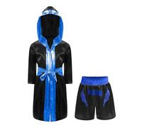 IEFIEL Ensemble Short et Peignoir de Boxe Garçon Enfant Costume MMA Muay Thai Kick Boxing Tenue Matchs Boxe Sportwear Noir Bleu 11-12 ans