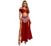 IEFIEL Femme Crop Top Et Jupe Maxi Deux Pieces Set Rave Party Célibataire Soirée Thème Soirée Flapper Des Années Crop Top Et Jupe Mesh Fendue Rouge M