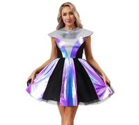 IEFIEL Femme Déguisement Alien Extraterrestre Rave Outfits Bal Masqué Sur Le Thème De L'Espace A-Line Tutu Dress Manche Capuche Jeu De Rôle Argent M