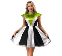 IEFIEL Femme Déguisement Alien Extraterrestre Rave Outfits Bal Masqué Sur Le Thème De L'Espace A-Line Tutu Dress Manche Capuche Jeu De Rôle Vert fluorescent S