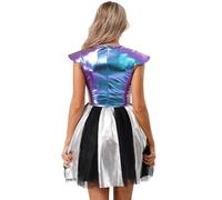 IEFIEL Femme Déguisement Alien Extraterrestre Rave Outfits Bal Masqué Sur Le Thème De L'Espace A-Line Tutu Dress Manche Capuche Jeu De Rôle Coloré S