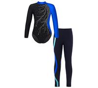 IEFIEL Fille Enfant Justaucorps Avec Pantalon Gymnastique Danse Latin Jazz Compétition Ensemble Body Legging Patinage Artistique Danse Spectacle 5-16 Ans Rayé Bleu 11-12 ans