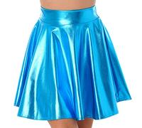 IEFIEL Mini Jupe Métallisée Femme Wetlook Jupe Courte Évasée Simili Cuir Jupe Plissée Danse Bal Disco Fête Jupette Patineuse de Nuit Costume Clubwear Bleu S