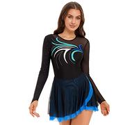 IEFIEL Robe Danse Latine Salsa Femme Robe Danse Tango Rumba Cha Cha Robe Courte Danse Moderne Jupe Leotard Femme Tenue Patinage Artistique Performance Bleu vert L