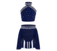 IEFIEL Robe Danse Lyrique Enfant Costume Cours de Patinage Artistique Compétition Fille Robe de Danse Moderne Latin Jazz Spectacle Bleu Marine 7-8 Ans