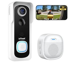 ieGeek 2K 3MP Sonnette sans Fil Extérieure Étanche, 166° Grand Angle, Blanc