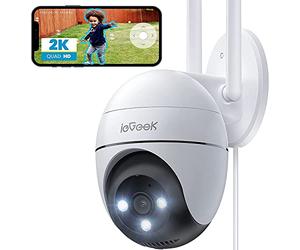 ieGeek 2K Camera Surveillance WiFi Exterieure, 360° Camera IP Compatible avec 2.4Ghz/5Ghz, Vision Nocturne Couleur, Détection Humaine, Audio Bidirectionnel, Pan 355°/Tilt 120°, Stockage Cloud