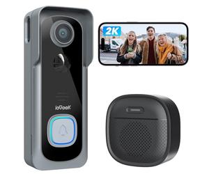 ieGeek 2K Sonnette sans Fil Exterieur Etanche, Sonnette Vidéo avec Caméra Compatible Alexa, Install Facile, Détection IA, IP66 Étanche,Vision Nocturne, Stockage Cloud, WiFi 2,4 GHz Uniquement (Gris)