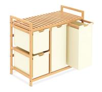 iEGrow Panier à linge à 3 compartiments, 150 l, avec étagère, en bambou, pour linge sale, sac à linge push-pull en tissu Oxford, 2 x 50 l, 2 x 25 l, beige