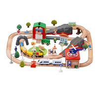 ieron Ensemble de Train en Bois 79 pièces, thème Voies ferrées, Ensemble de Train modèle pour Tout-Petits, kit ferroviaire, Cadeau Parfait, Comprend des Mini véhicules, Construction de bâtiments