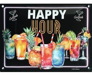 IETS19501RC Plaque Métal en Relief 3D 20x15cm Happy Hour Cocktails Fruits Exotiques Tropicaux Ananas Apéro time Apéritif Trinquer Santé