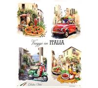 IETS19671RA DOLCE VITA Viaggi in ITALIA Voiture Auto Mini Italienne et Scooter Italien Plaque métal décorative rétro vintage Format 30 x 40 cm avec 4 perforations 5mm pour fixation murale Déco cuisine