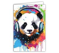IETSCPMD-V19786 Carte Panda Mignon qui écoute de la Musique avec un Casque Audio Argenté Brillant -Avec Enveloppe Blanche Format 12x17,5cm - Intérieur blanc 23x17cm -Fabriqué en France -Anniversaire