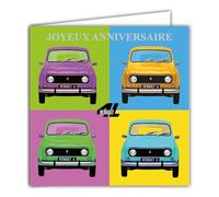 IETSCPMD15183 Carte Joyeux ANNIVERSAIRE Argenté RENAULT R4 4L POPART - Licence officielle RENAULT Auto Passion & Collections Rétro Vintage - Avec Enveloppe Blanche Format 15x15 cm - Fabriqué en France