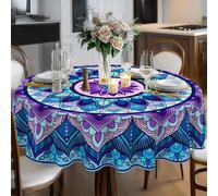 iEvery Nappe de table ronde - Lavable - Style bohème - Mandala - Bleu - Motif floral - En polyester - Résistant aux intempéries - Pour cuisine, table de jardin, table à manger, fête