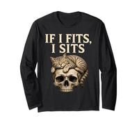 If It Fits I Sit Black Cat Skull Funny Kitty Manche Longue