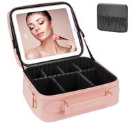 iFalarila Trousse Maquillage avec Rechargeable Miroir LED [3 Couleurs et Gradation Continue] Grande Capacité Malette Maquillage avec Organisateur de Pinceaux, Imperméable Sac à Cosmétiques-Rose