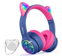 IFECCO Casque Audio Enfant avec Micro Bluetooth 6.0 | Casque d'écoute à Lumière LED pour Chat avec étui Casque Bluetooth sans Fil Enfant pour Ecole Tablette Téléphone