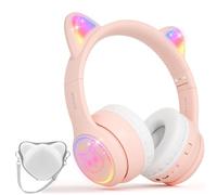 IFECCO Casque Audio Enfant avec Microphone,Casque d'écoute à Lumière LED pour Chat avec étui Casque Bluetooth sans Fil Enfant pour Ecole Tablette Téléphone
