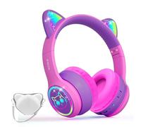 IFECCO Casque Audio Enfant avec Microphone,Casque d'écoute à Lumière LED pour Chat avec étui Casque Bluetooth sans Fil Enfant pour Ecole Tablette Téléphone