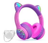 IFECCO Casque Audio Enfant Bluetooth 6.0 avec Microphone | Casque d'écoute à Lumière LED pour Chat avec étui Casque Bluetooth sans Fil Enfant pour Ecole Tablette Téléphone