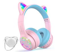 IFECCO Casque Audio Enfant Bluetooth 6.0 avec Microphone | Casque d'écoute à Lumière LED pour Chat avec étui Casque Bluetooth sans Fil Enfant pour Ecole Tablette Téléphone