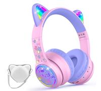 IFECCO Casque Audio Enfant Bluetooth 6.0 avec Microphone, (Rose/Violet) | Casque d'écoute à Lumière LED pour Chat avec étui Casque Bluetooth sans Fil Enfant pour Ecole Tablette Téléphone