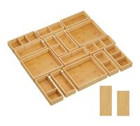 ifewit Lot de 15 Organiseurs Tiroirs avec 18 Inserts, Boite Rangement Réglable avec 33 Compartiments, Séparateur Tiroir en Bois pour Ustensiles de Cuisine, Maquillage, Bijoux, Bureau, Salle de Bain