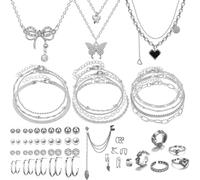 IFNODO Parure de bijoux en or 47 pièces avec 3 colliers, 11 bracelets, 20 boucles d'oreilles créoles à tige, 7 bagues pour femme pour cadeaux d'anniversaire, adjustable, Acier allié, Pas de gemme