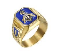 IFUAQZ Bague pour homme en acier inoxydable plaqué or symbole franc-maçon bleu G Lodge Master Mason chevalière motard, Or, plaqué or, métal, acier inoxydable