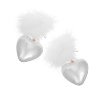 ifundom Boucles D’Oreilles Pendantes de Cœur avec Pompons en Fausse Fourrure Argentées Perles Synthétiques Légères Accessoires en Boule de Fourrure pour Femmes pour Saint-Valentin et
