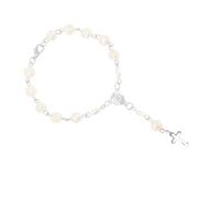 ifundom Bracelet Croix pour Femmes et Hommes en Résine Perles Sacrées, Design Ajouré à Forme de Croix et Breloques Fleurs, Argenté, Taille Ajustable, Bijoux Religieux pour Communion