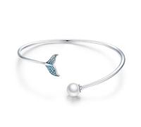 ifundom Bracelet Ouvert en Argenté Pur S925 Forme Queue de Sirène Bleue Orné de Perle Coquillage Bijou pour Femme Accessoire Élégant pour Fêtes et Voyages