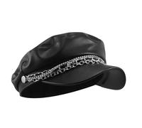 ifundom Casquette en Cuir PU Noir à Visière Courte Plate Ajustable 56-60 Cm avec Double Chaîne, Béret Vintage de Rue Style Britannique pour Femme, Casquette D’Officier à Bord Court